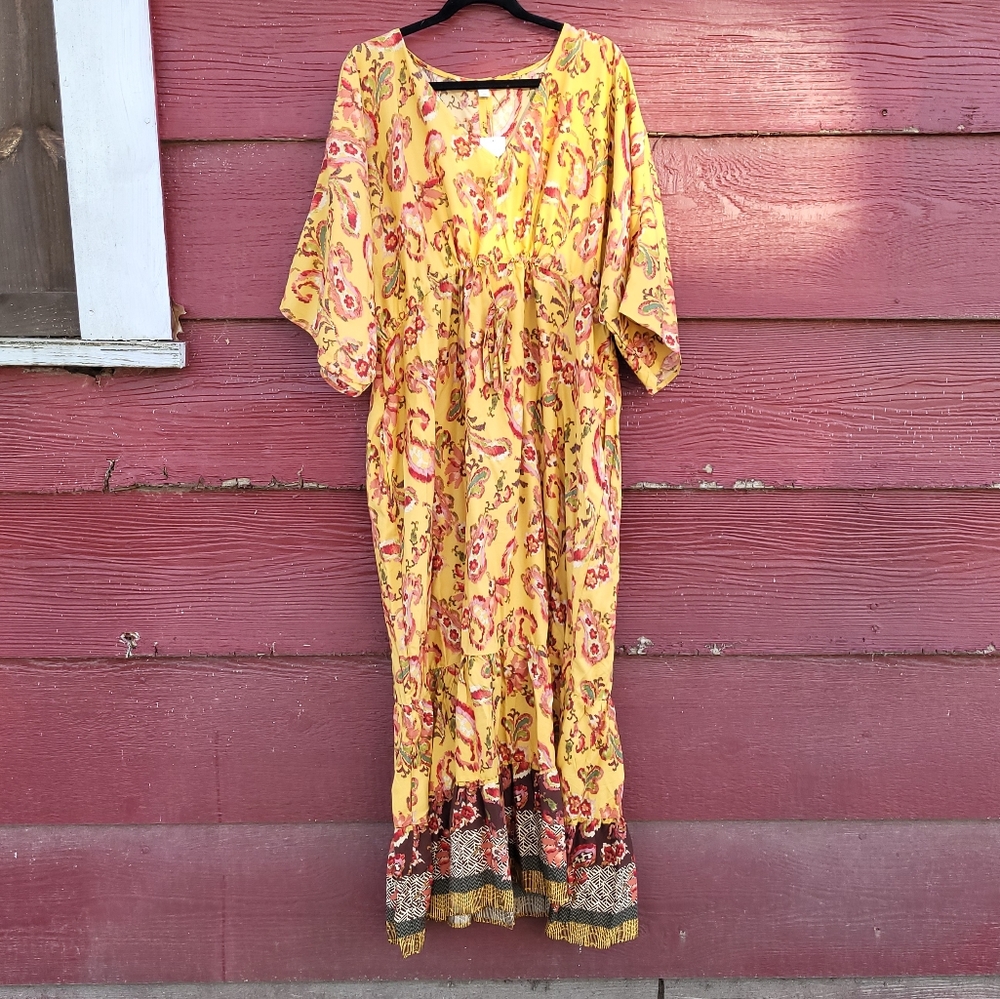 Orange Watercolor Paisley Print and Flower Maxi Dress